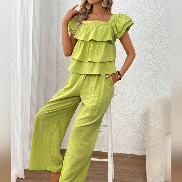 Solid Square Neck Top And Straight Pants Summer Casual Set - Picture 6 of 6